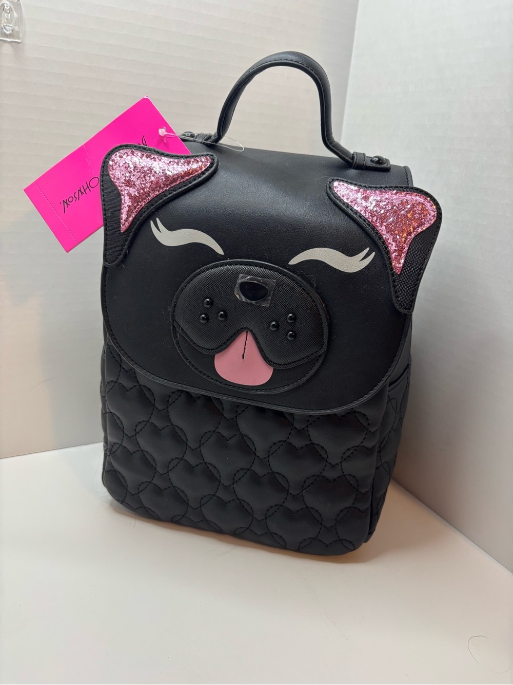 Betsey Johnson Cute Black Pug Face Backpack with Pink Sequin Ears